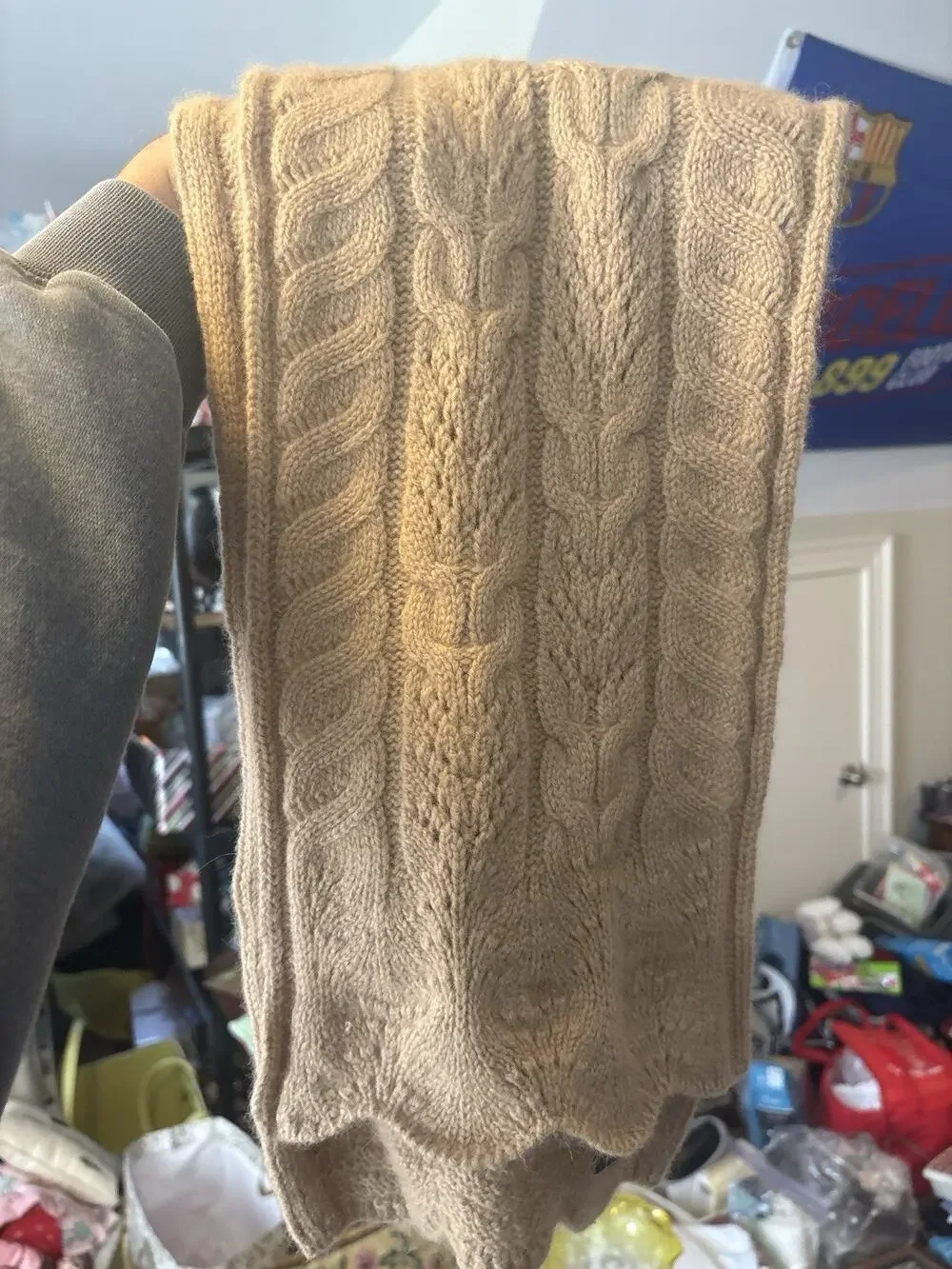 Lauren Ralph Lauren Cable Knit Scarf Tan Beige Lambswool Rabbit Hair Blend